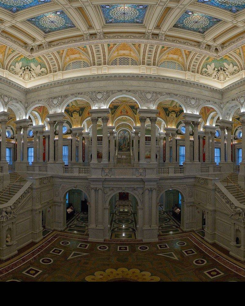 The Great Hall of the Library of Congress with its marble staircases and painted vaulted ceiling