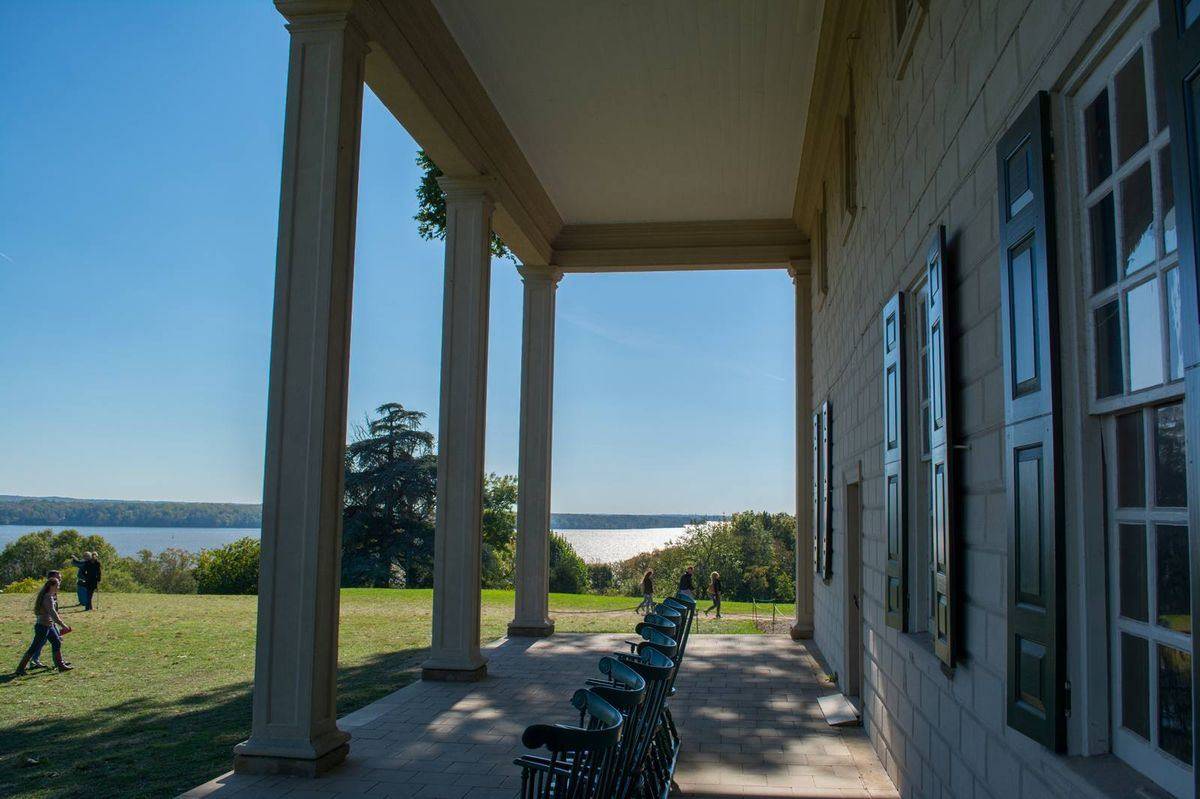 The colonnaded piazza of George Washington's Mount Vernon overlooking the Potomac